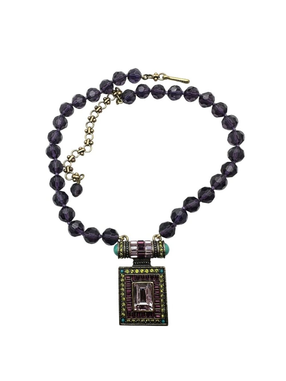 Heidi Daus Necklace Multicolor Crystal Purple Glass Bronze Pendant Statement